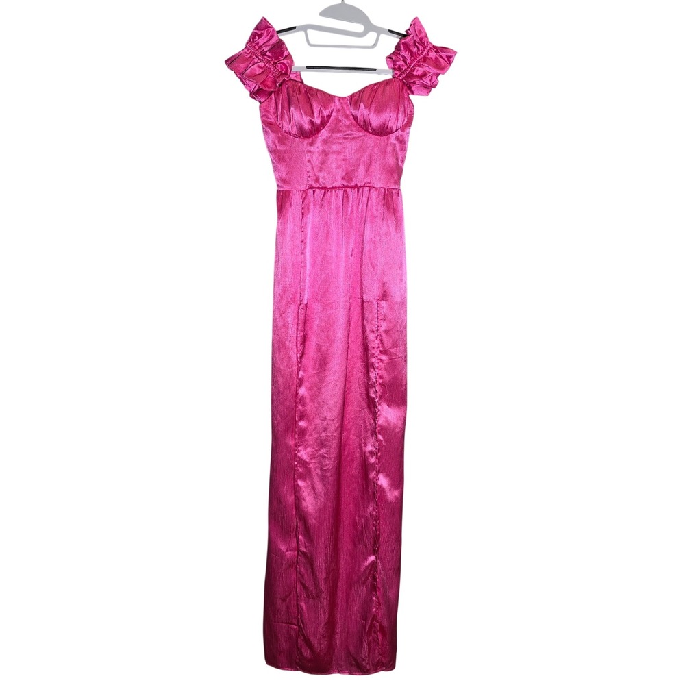 Hello Molly Hot Pink Ruffle Bustier Double Slit Satin Maxi Dress XS USA 2 - Picture 2 of 12